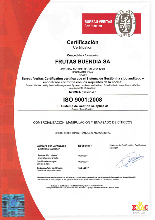 Certificado Iso - Frutas Buendía